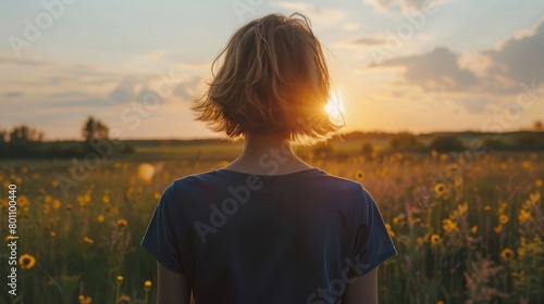 Caucasian female model wearing a navy blue crewneck blank mockup t-shirt with short sleeves in a field background at sunset , woman face is not visible photo