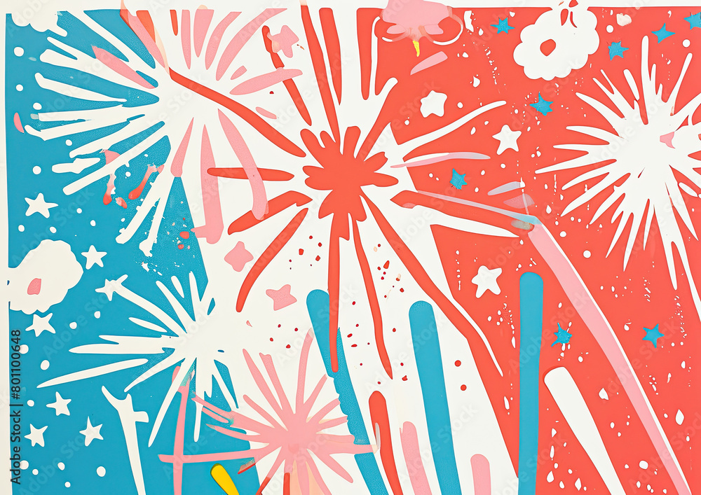 US Patriotic Firework Postcard, distressed American flags, linocut style illustration