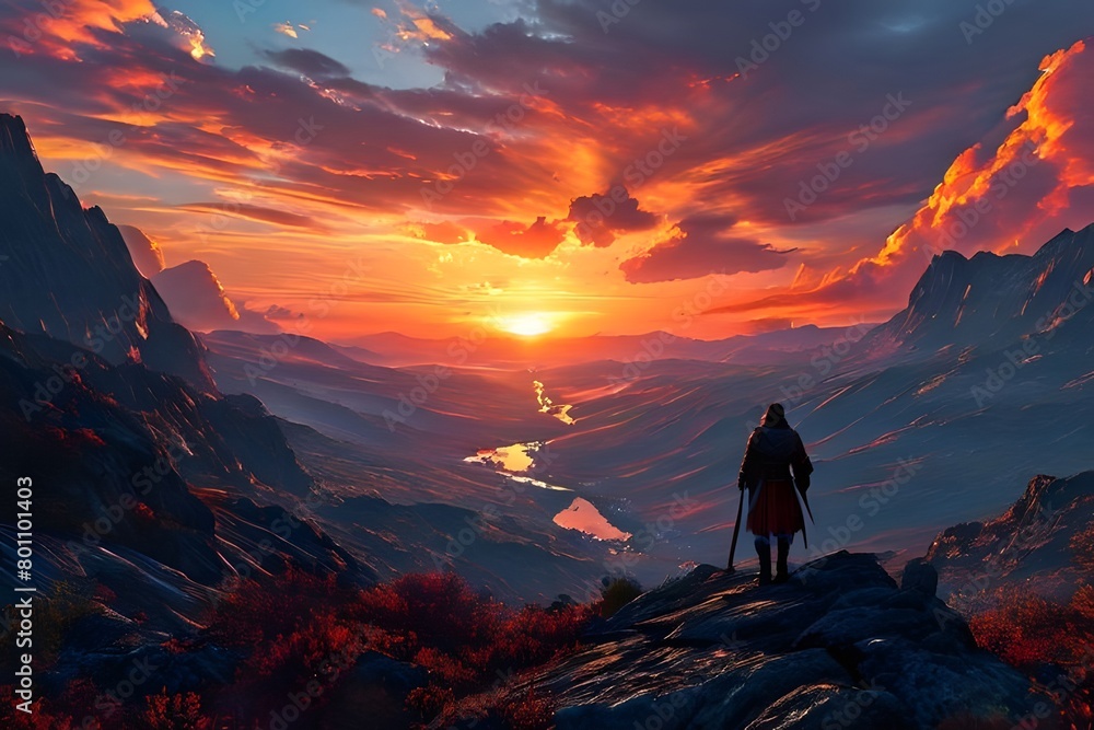 Fototapeta premium The most vibrant sky sunset with a fiery tone. A brave warrior who has the courage to approach for salvation, 勇敢な戦士, 勇敢です, .ai, generative, a warrior who comes to save, 용사, 용기, brave
