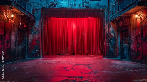 A red curtain hangs in the middle of a stage