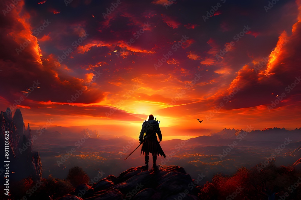 The most vibrant sky sunset with a fiery tone. A brave warrior who has the courage to approach for salvation, 勇敢な戦士, 勇敢です, .ai, generative, a warrior who comes to save, 용사, 용기, brave The most vibrant sky sunset with a fiery tone. A brave warrior who has the courage to approach for salvation, 勇敢な戦士, 勇敢です, .ai, generative, a warrior who comes to save, 용사, 용기, brave