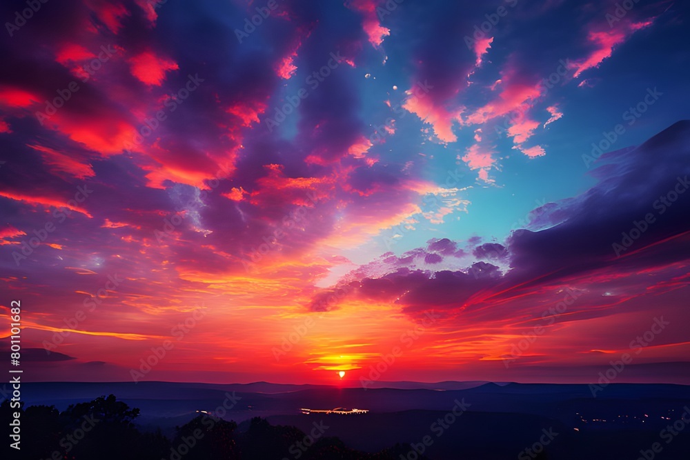 Naklejka premium The most vibrant sky sunset with a fiery tone. A brave warrior who has the courage to approach for salvation, 勇敢な戦士, 勇敢です, .ai, generative, a warrior who comes to save, 용사, 용기, brave