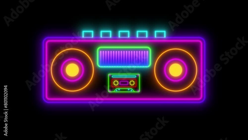 Retro Neon Radio And Cassette Stereo Recorder Animated On A Black Background.