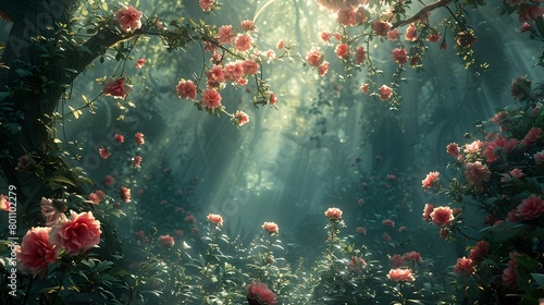 an enchanted forest in a fantasy land filled with vibrant multicolored flowers and trees peaceful lanscapes, Plants and Flowers concept, generative ai photo