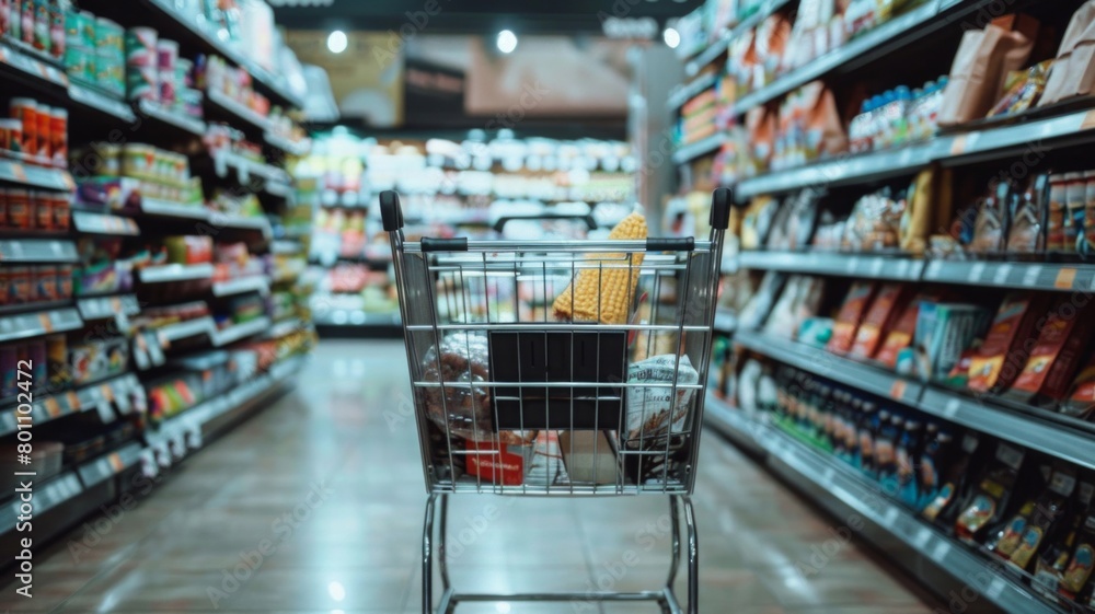 A shopping cart is in a grocery store aisle