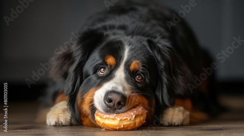the joyous moment of a Bernese Mountain Dog Dog eat doughnut in special shot photography photo
