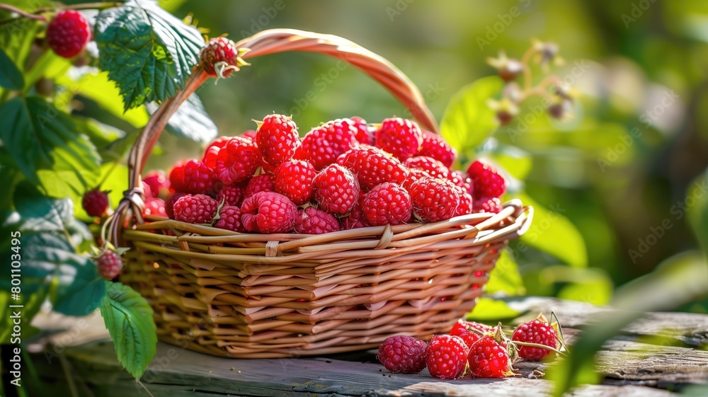 A rustic basket filled with ripe raspberries in a natural setting. A rustic basket filled with ripe raspberries in a natural setting.
