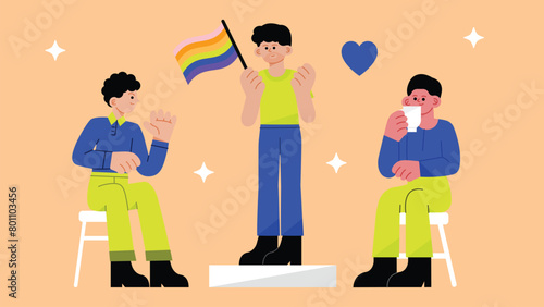 Homophobia concept. Social pressure and bully vector. Sad  character with rainbow flag and pointing fingers design.
