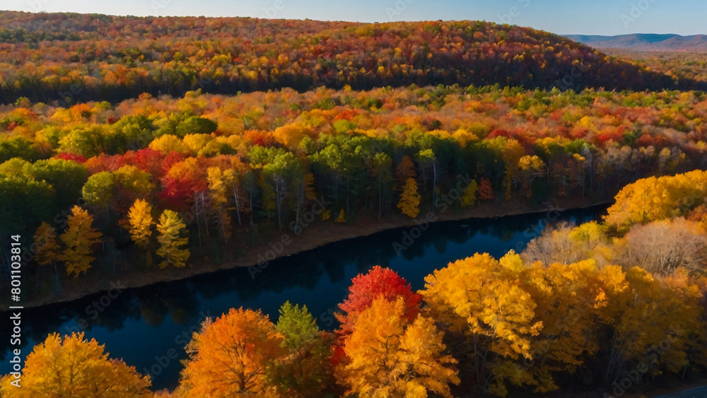 Autumn view from the sky on colorful forests in park Mauricie, Quebec, Canada
