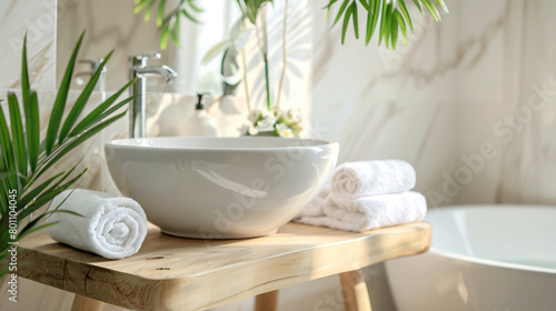 Sink bowl and bath accessories on table in bathroom --