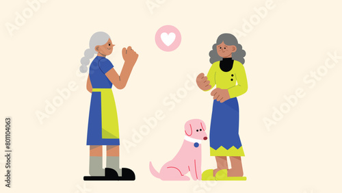 Flat happy woman adopting homeless dogs from shelter. cell cages, dogs and owners vector concept. Volunteers helping and taking care of puppies