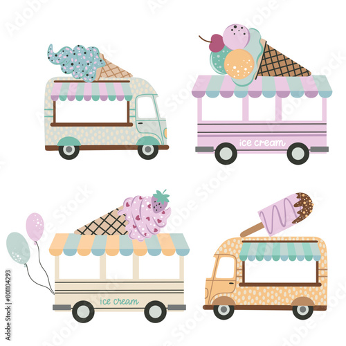 Wallpaper Mural 
Vector illustration with hand drawn ice cream trucks. Can be used for printing on fabric, packaging, paper, cards, etc. Summer 2024 Torontodigital.ca