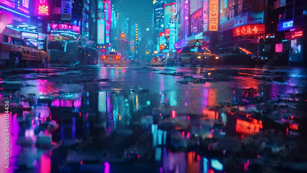 A vibrant city street comes alive at night, adorned with a dazzling display of neon lights, A glowing neon cityscape reflected in rain-soaked streets A vibrant city street comes alive at night, adorned with a dazzling display of neon lights, A glowing neon cityscape reflected in rain-soaked streets