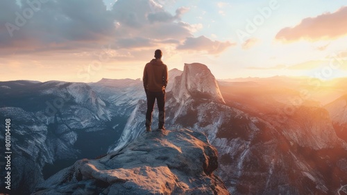A man stands on a mountain top, looking out at the horizon