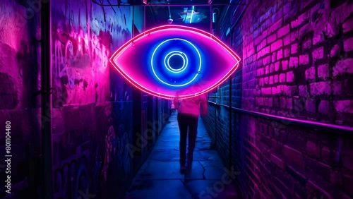 A striking neon eye with intense blue and purple hues stands out in the darkness of an alley, A glowing neon eyechart photo