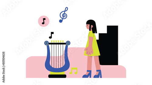Harpist. Young female character in a beautifull dress playing a harp. Harpist. Young female character in a beautiful dress playing a harp. Classical music performer in orchestra Flat vector