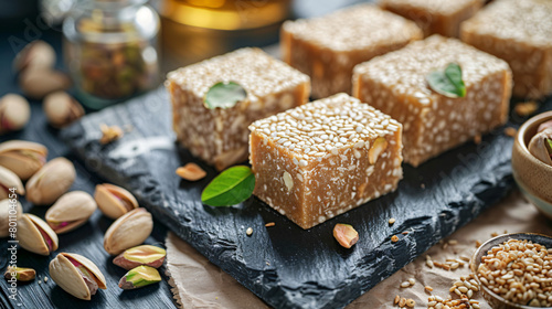 Slate board of tasty sesame halva with pistachios  photo