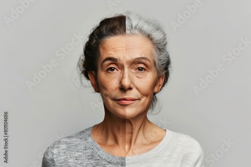 Visual metaphors in aging treatment showcase facial comparisons through youth preservation and elastic crease treatments.