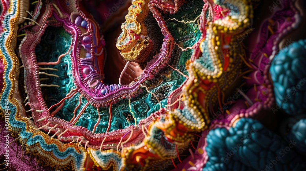 Fototapeta premium Educational colon cross-section in vivid colors, focusing on mucosal, submucosal layers