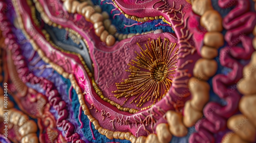 Vibrant cross-sectional illustration of colon, highlighting mucosal layers for medical use Vibrant cross-sectional illustration of colon, highlighting mucosal layers for medical use