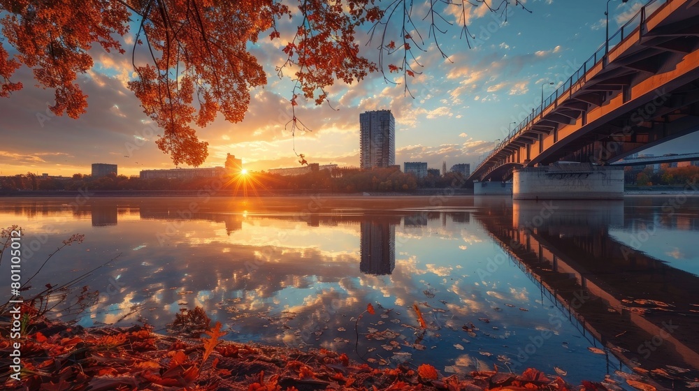 City Bridge at Sunset with Autumn Foliage Reflecting