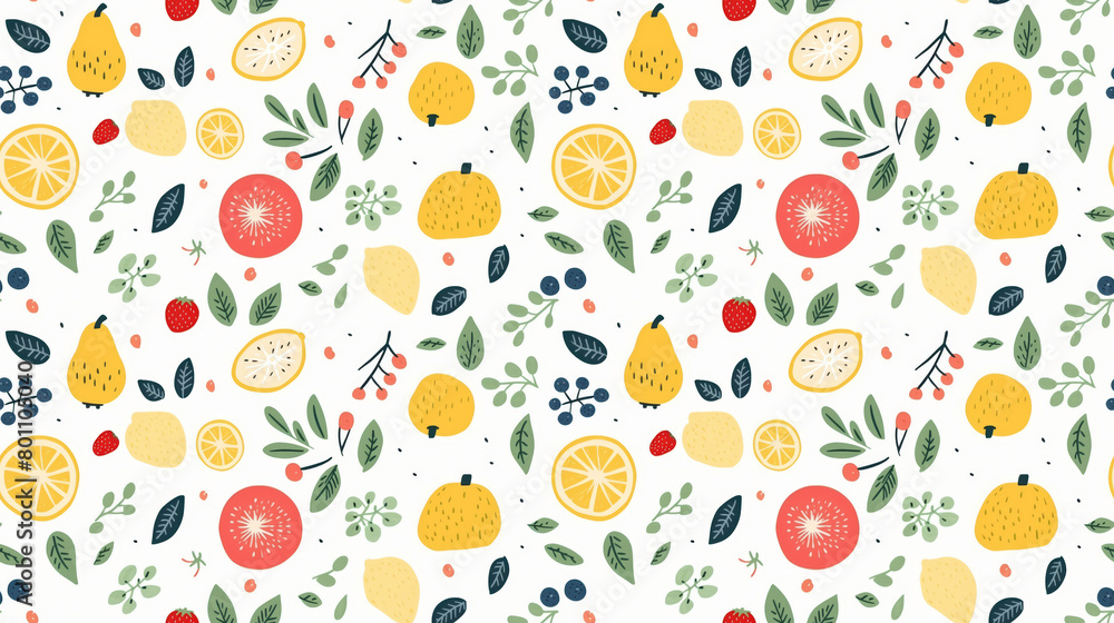 A seamless pattern of hand-drawn fruits and leaves. A seamless pattern of hand-drawn fruits and leaves.