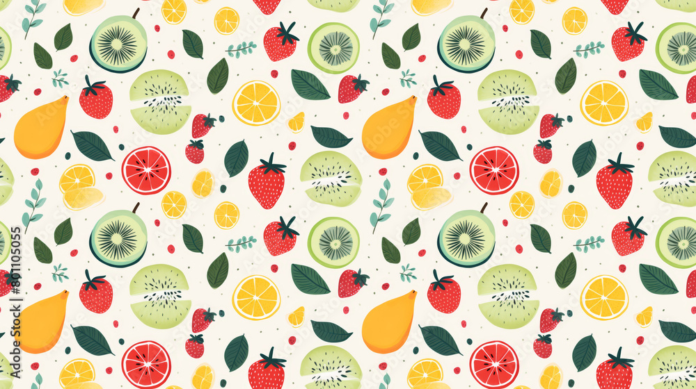 A seamless pattern of hand-drawn fruits and leaves A seamless pattern of hand-drawn fruits and leaves