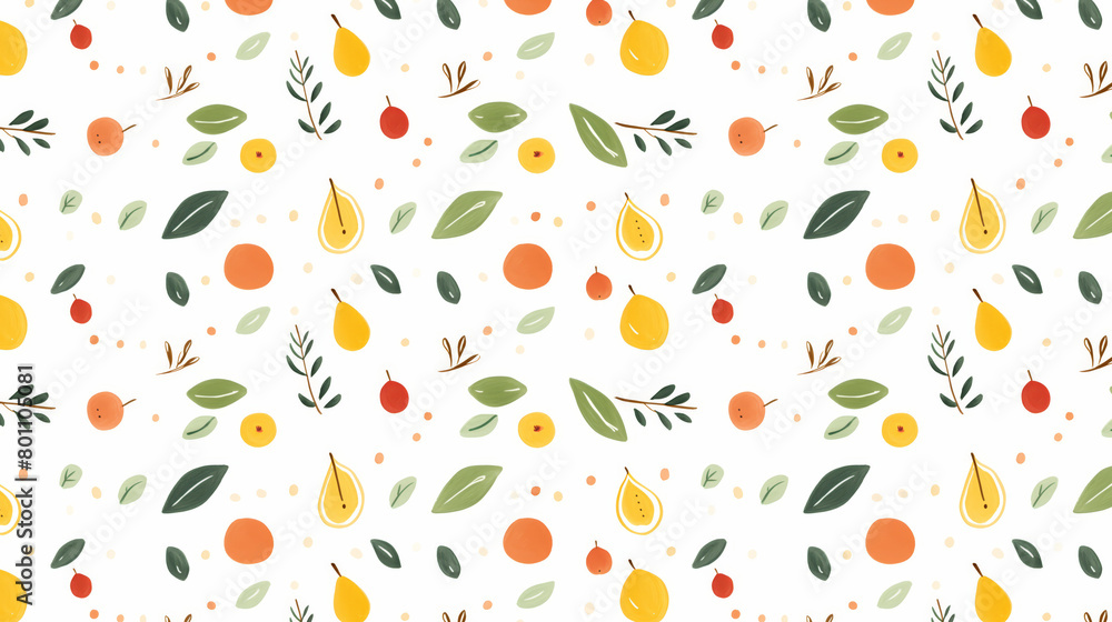 A seamless pattern of hand-drawn fruits and leaves in a simple, modern style A seamless pattern of hand-drawn fruits and leaves in a simple, modern style