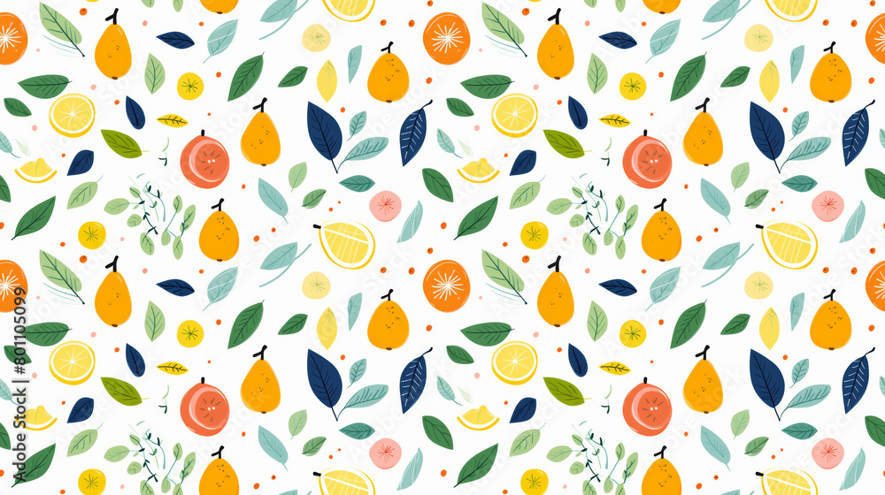 A seamless pattern of hand-drawn fruits and leaves in a summer theme. A seamless pattern of hand-drawn fruits and leaves in a summer theme.