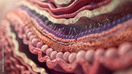 Detailed cross-section of the human intestine showcasing intestinal wall layers for education