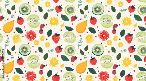 A seamless pattern of hand-drawn fruits and leaves