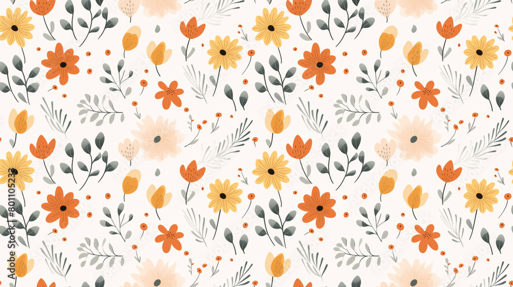 Obraz premium A seamless pattern of hand-drawn flowers and leaves in a retro, 70s style.