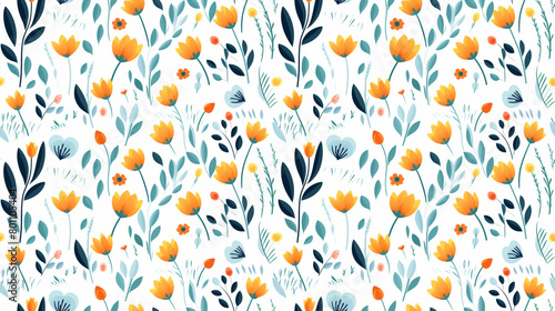 A seamless pattern of hand-drawn flowers and leaves in a whimsical style. The flowers are mostly orange and yellow, with some blue and green leaves. The background is white. photo