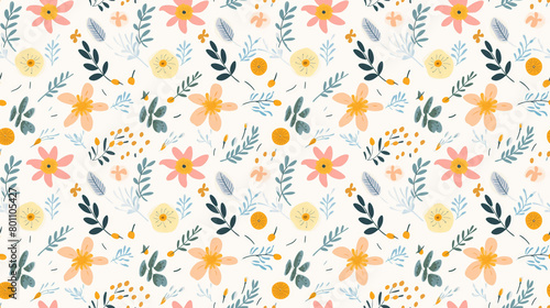 A seamless pattern of hand-drawn flowers and leaves in a whimsical style