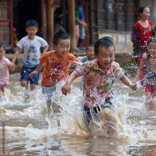 A group of children are playing in a flooded area