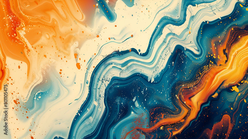 Abstract music cover poster design with a psychedelic, grainy gradient background that is orange, blue, and white.