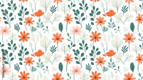 A seamless pattern of hand-drawn flowers and leaves in a whimsical style. The flowers are mostly orange and yellow, with some blue and green leaves. The background is white. photo