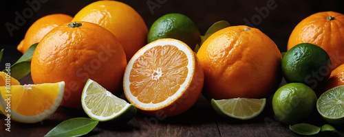A few bright oranges, lemons and green limes are stacked in a haphazard pile on a wooden table surface. 