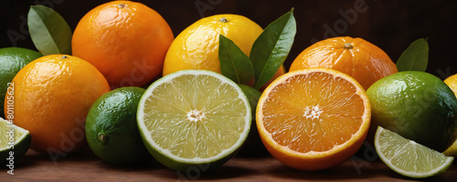 A few bright oranges, lemons and green limes are stacked in a haphazard pile on a wooden table surface. 
