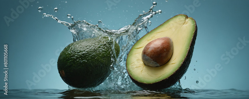 A ripe avocado is cut in half, exposing creamy green flesh and a large seed perched on a vibrant green surface. photo