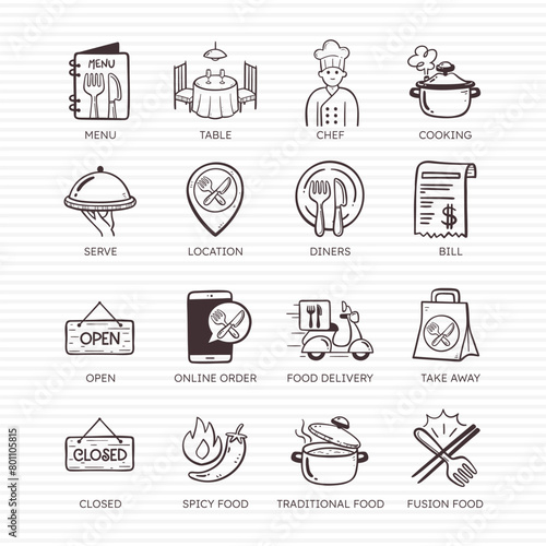 Restaurant Doodle Icons. Essentials. Set 1 of 4.