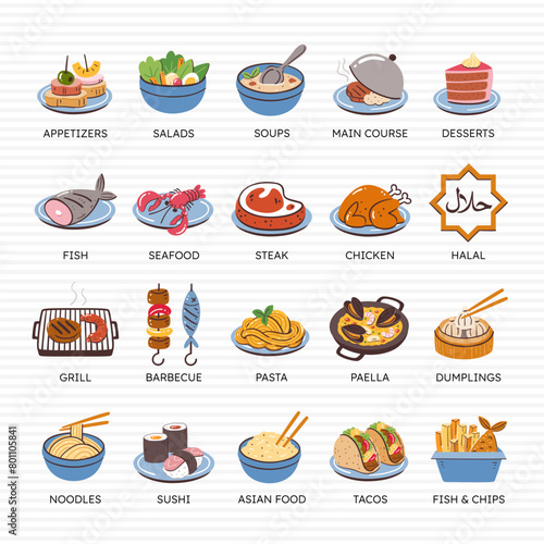 Colorful Restaurant Icons. International Food. Set 4 of 4.