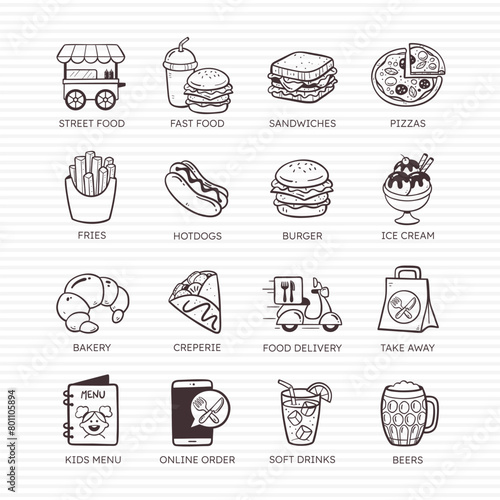 Restaurant Doodle Icons. Fast food. Set 3 of 4.