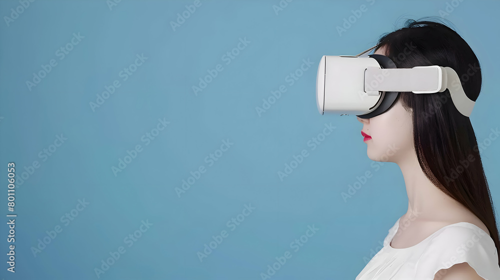 Woman wearing virtual reality (VR) goggles. Blue background. Copy space.
Woman wearing virtual reality (VR) goggles. Blue background. Copy space.