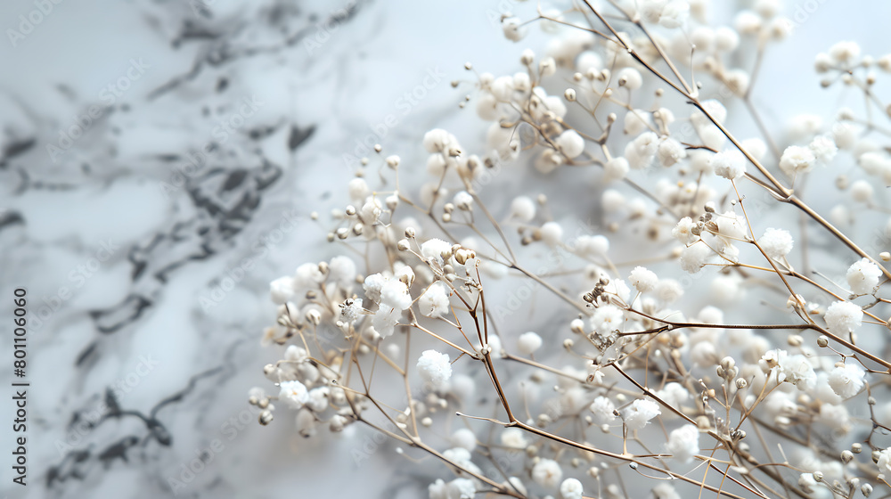 Gypsophila dry little white flowers light macro marble background. Generative AI. Gypsophila dry little white flowers light macro marble background. Generative AI.
