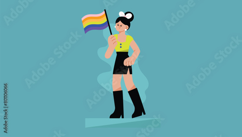 One cute person. Flat vector illustration. A person holds transgender flag at street demonstration in support of LGBT rights.
