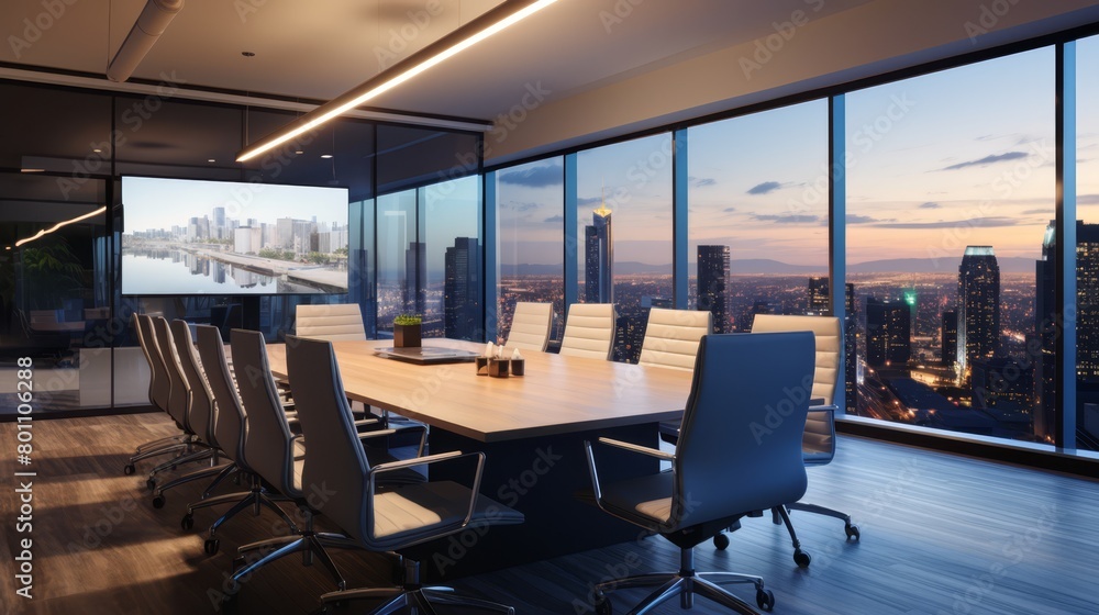 Obraz premium Spacious conference room in a corporate office with large table, high-tech equipment, and city views,