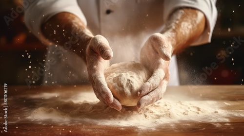 Hand tossing dough for pizza, flour in the air, dynamic motion, rustic kitchen background, photo