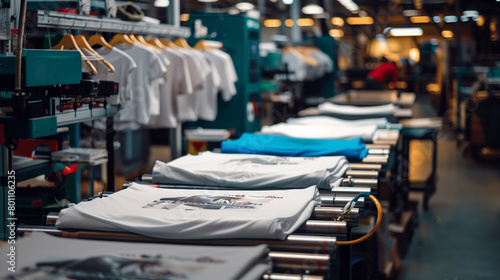 Chic printing gear in a print business depicting an array of t-shirts depicted over the printshop facility. Heat Transfer T Shirt Printing. Tshirt Merchandise. printing prints on T-shirts.  photo