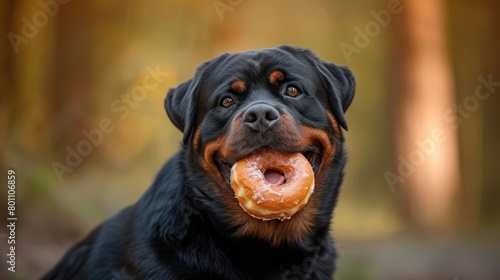 the joyous moment of a Rottweiler Dog eat doughnut in special shot photography